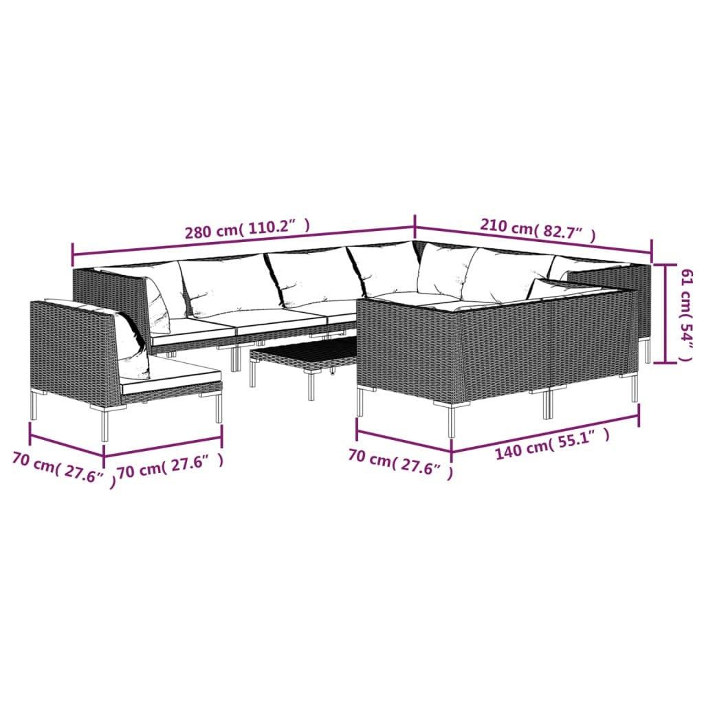 vidaXL 10 Piece Patio Lounge Set with Cushions Poly Rattan Dark Gray