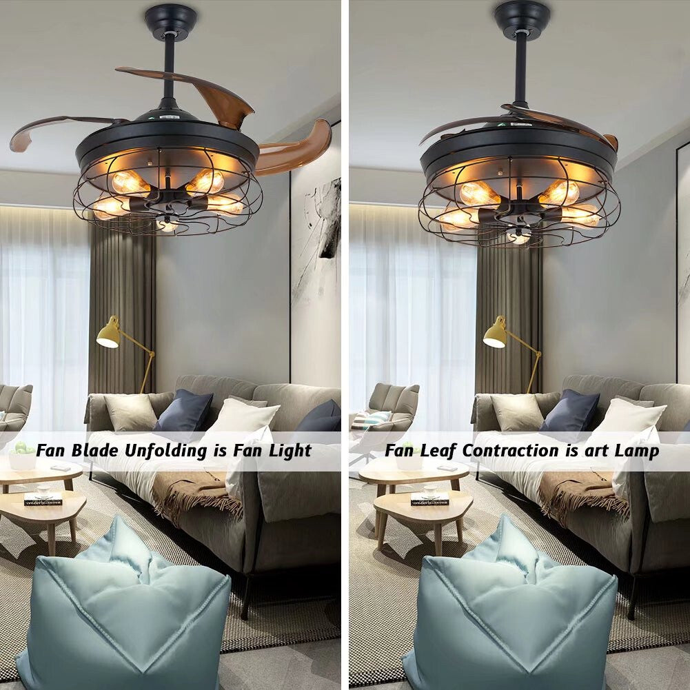 Industrial Caged Ceiling Lamp And Retractable Fan