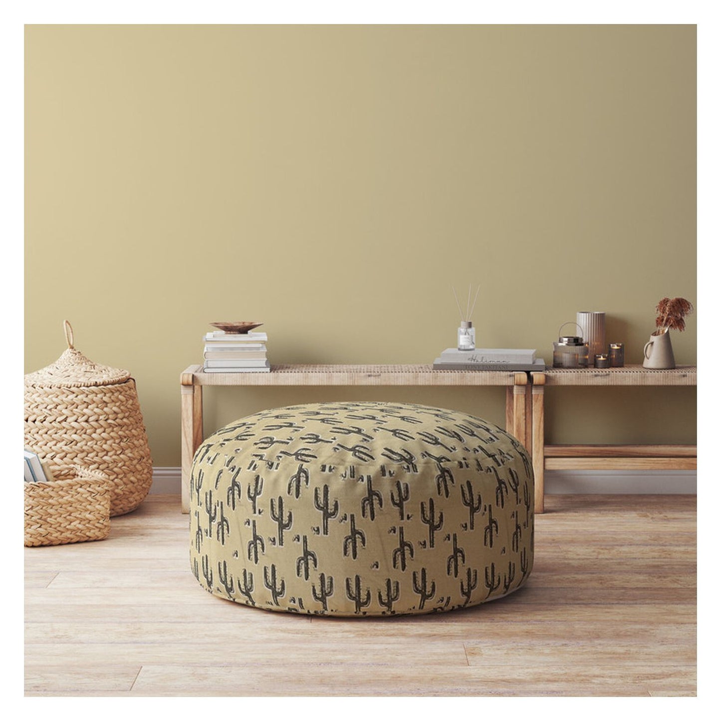 24" Beige Cotton Round Floral Pouf Ottoman