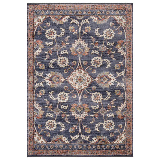 10' Navy Blue Floral Power Loom Runner Rug With Fringe