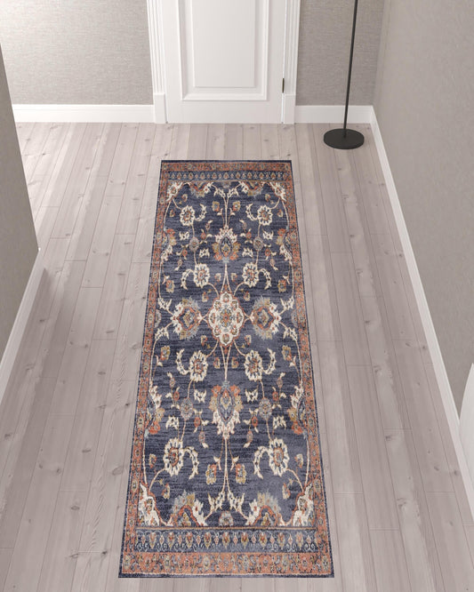 10' Navy Blue Floral Power Loom Runner Rug With Fringe