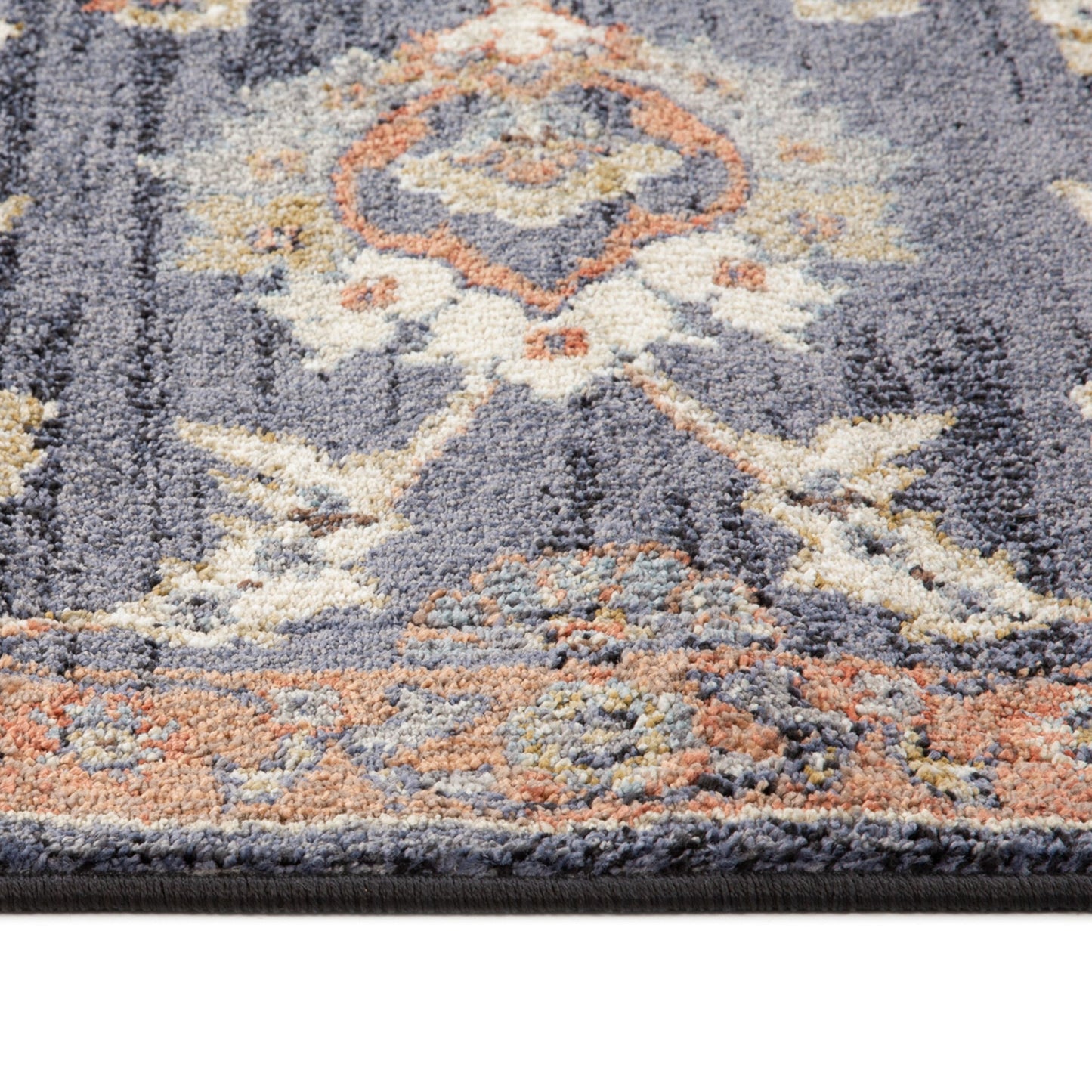 10' Navy Blue Floral Power Loom Runner Rug With Fringe