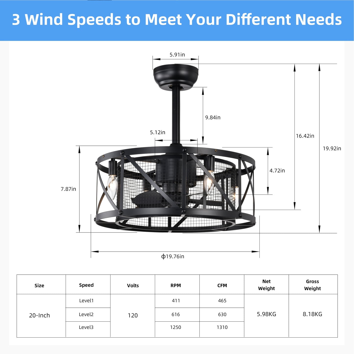 20''Industrial 5-Blade Ceiling Fan with remote control ,5 ABS Blades small size ceiling fan