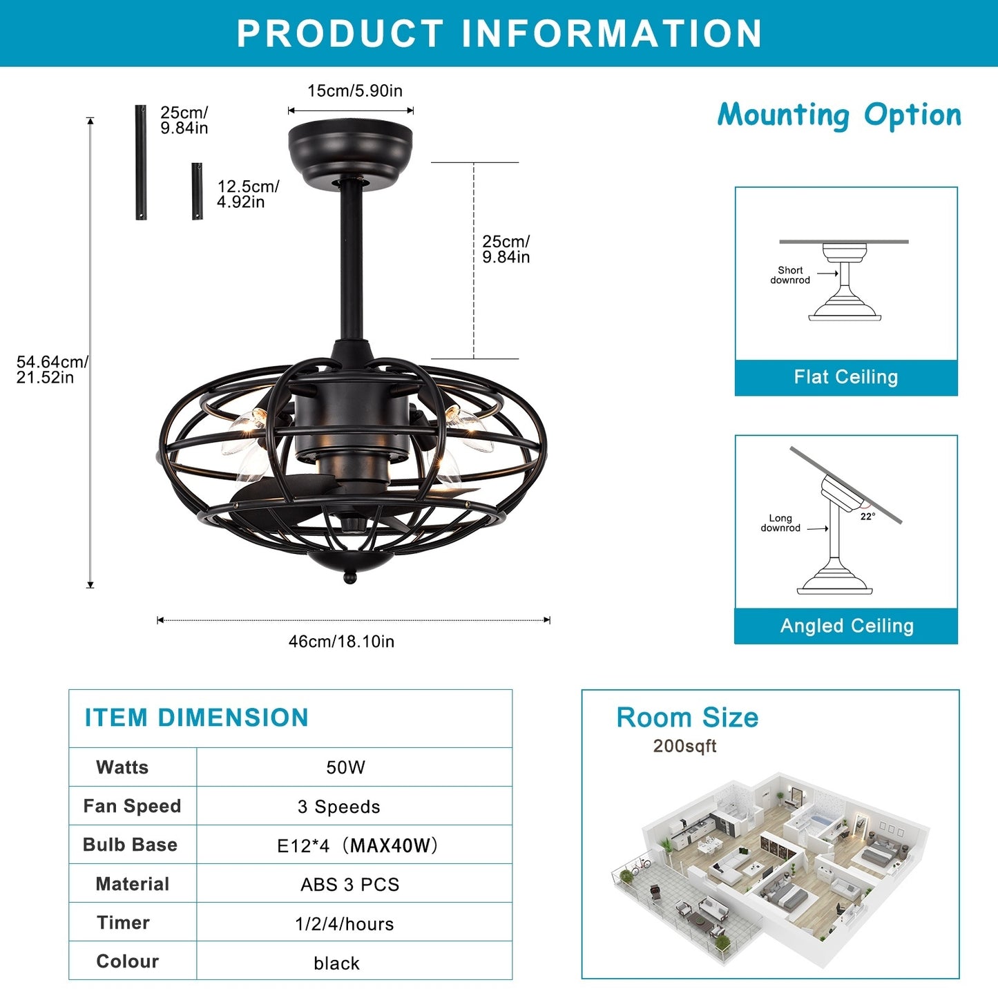 18.1" Caged Ceiling Fan with Remote Control,Timer, 3 Speeds Indoor Ceiling Fan for Farmhouse, Bedroom Living Room(No include Bulbs)