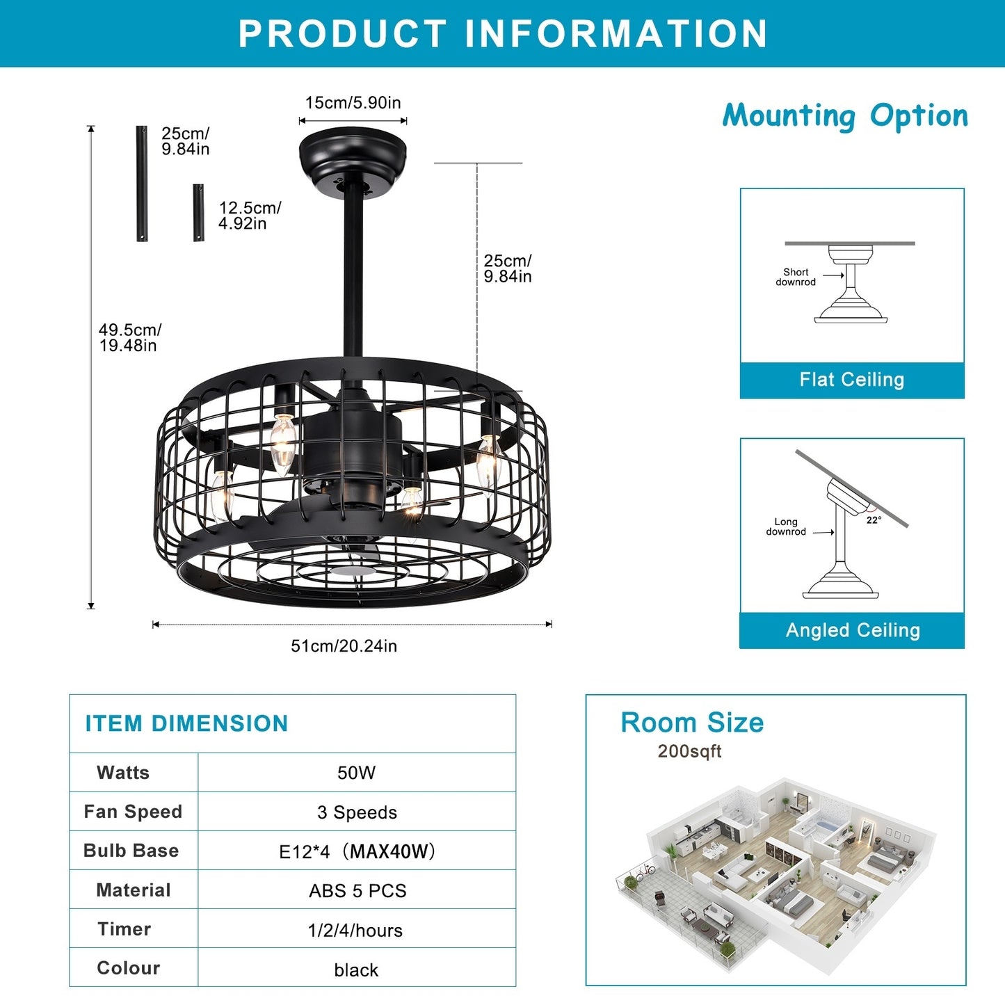 20.24" Caged Ceiling Fan with Remote Control,Timer, 3 Speeds Indoor Ceiling Fan for Farmhouse, Bedroom Living Room(No include Bulbs)