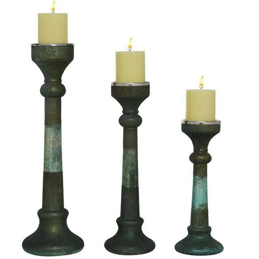 DecMode 3 Candle Green Glass Candle Holder, Set of 3