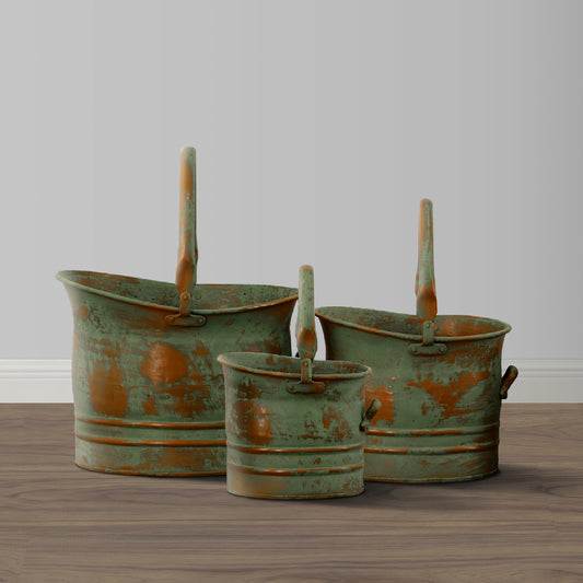 Tinged Metal Bucket Planter With Handles, Patina Rust Finish, Green, Set of 3