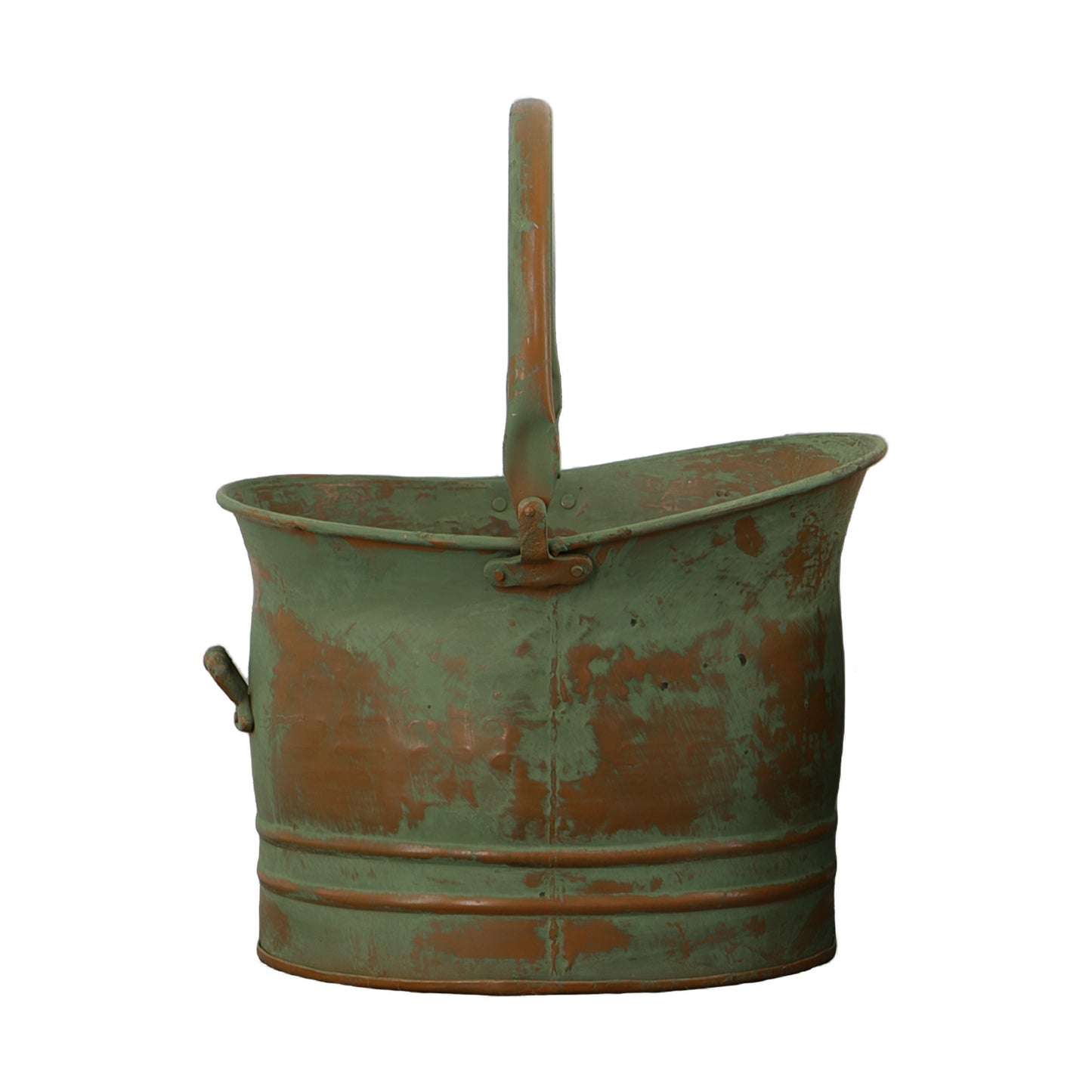 Tinged Metal Bucket Planter With Handles, Patina Rust Finish, Green, Set of 3