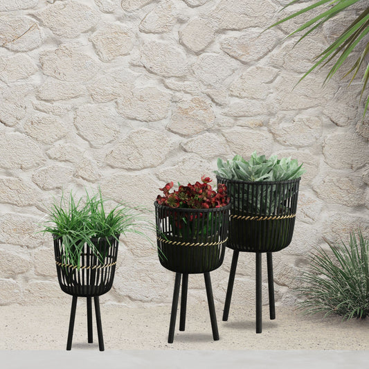 S/3 bamboo footed planters 11/13/15", black