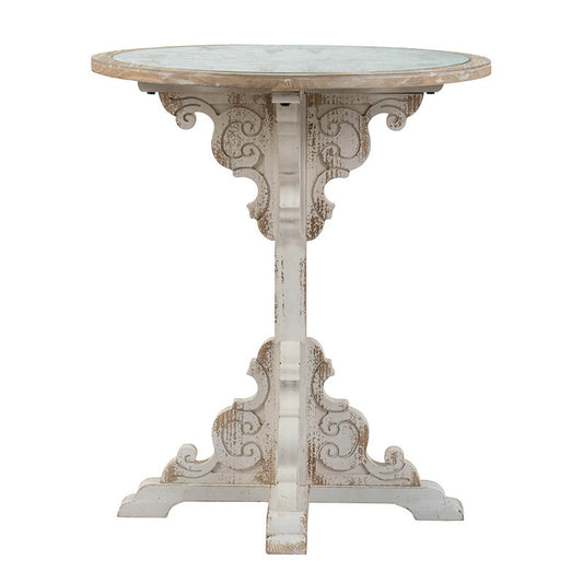 24x28.5" Round Wooden Carved Table, Distressed White Finish Design