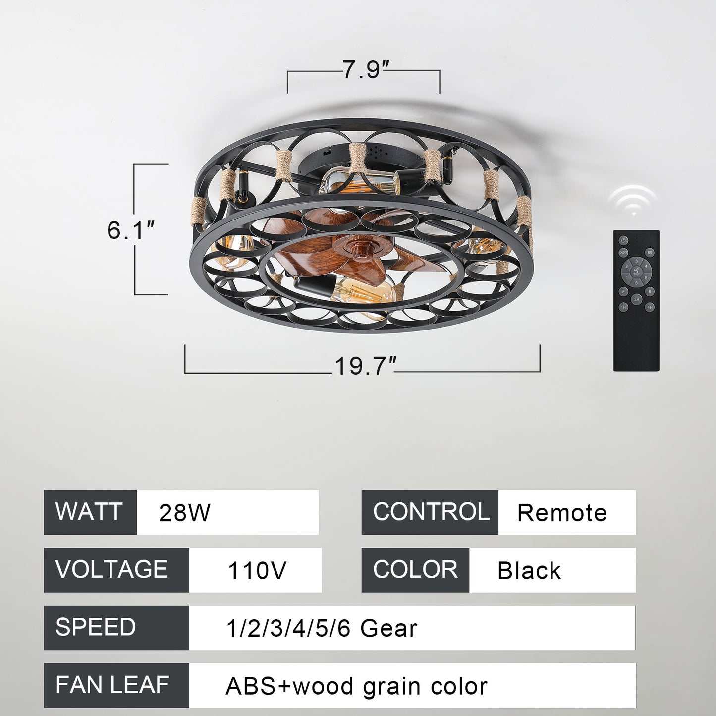 Caged Ceiling Fan with Lights Remote Control, Low Profile Flush Mount Farmhouse Modern Ceiling fans, 6 Speeds Reversible Blades, 5 LED Bulbs Include(Black)