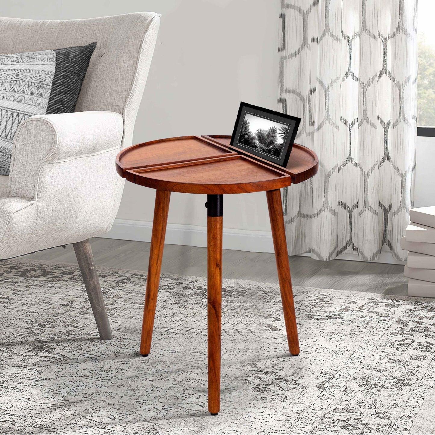 18 Inch Round Acacia Wood Side Accent End Table with 3 Tabletop Sections, Warm Brown