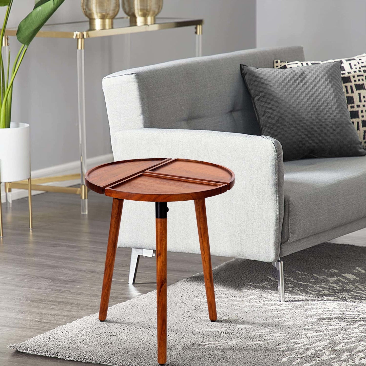 18 Inch Round Acacia Wood Side Accent End Table with 3 Tabletop Sections, Warm Brown