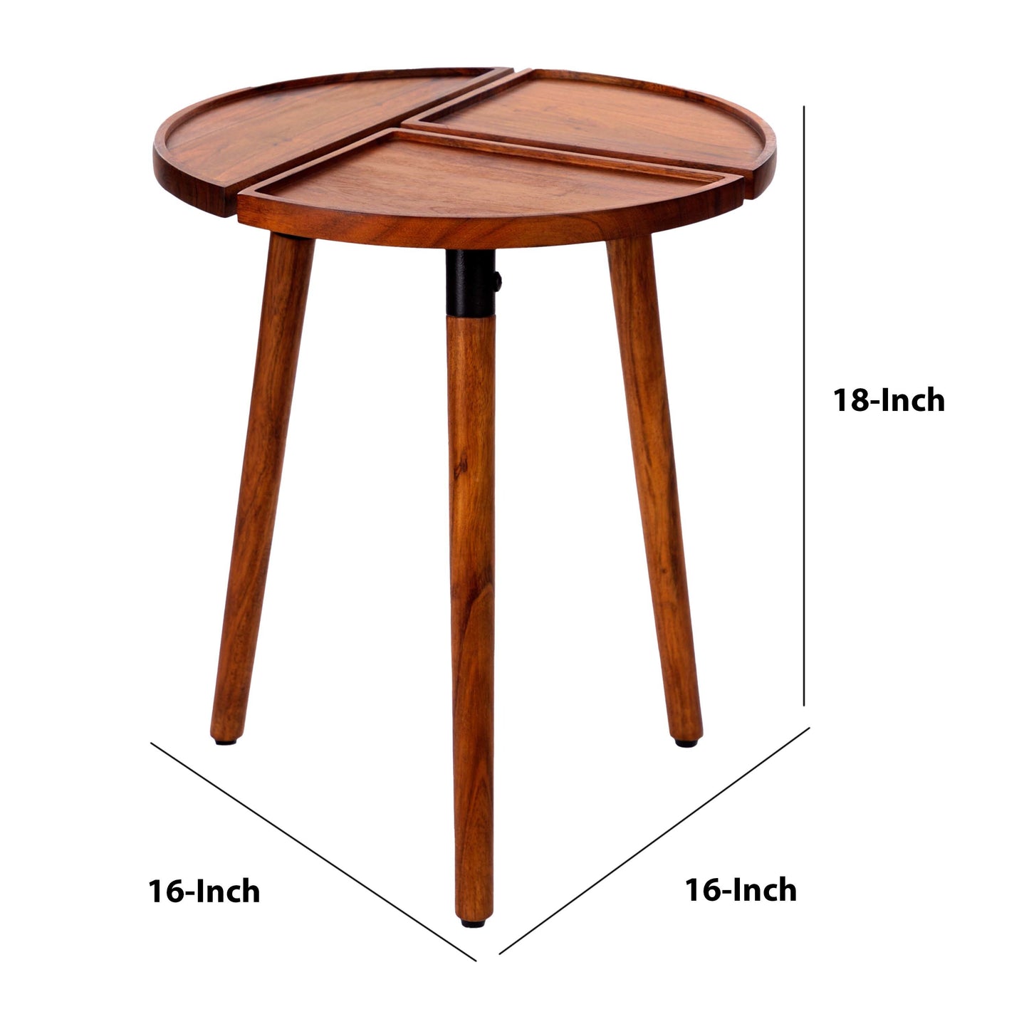 18 Inch Round Acacia Wood Side Accent End Table with 3 Tabletop Sections, Warm Brown