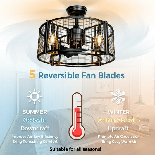 5 Blades Enclosed Ceiling Fan with Light and Remote Control-Black - Color: Black