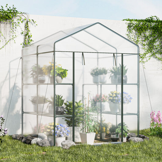 Walk-in Greenhouse with 3 Tiers 8 Shelves PVC Cover Roll-up Zippered Door