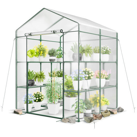 Walk-in Greenhouse with 3 Tiers 8 Shelves PVC Cover Roll-up Zippered Door