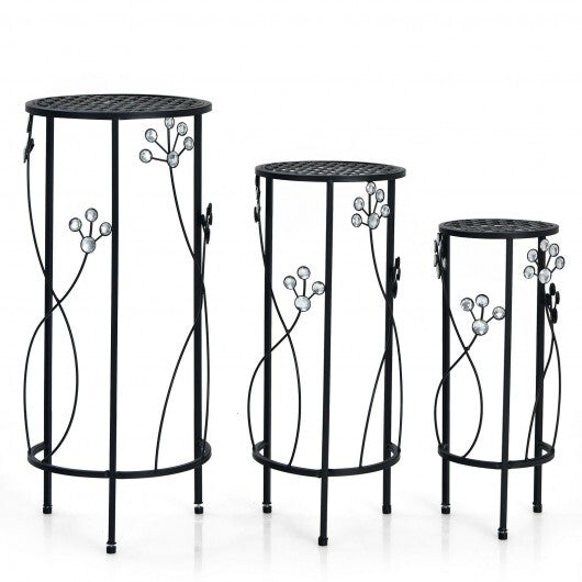 3 Pieces Metal Plant Stand Set with Crystal Floral Accents Round-Black - Color: Black