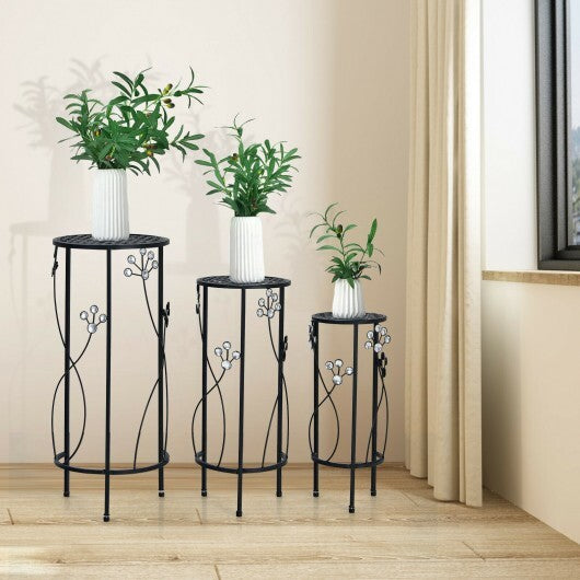 3 Pieces Metal Plant Stand Set with Crystal Floral Accents Round-Black - Color: Black