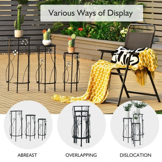 3 Pieces Metal Plant Stand Set with Crystal Floral Accents Round-Black - Color: Black