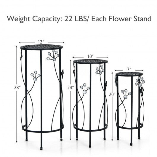 3 Pieces Metal Plant Stand Set with Crystal Floral Accents Round-Black - Color: Black