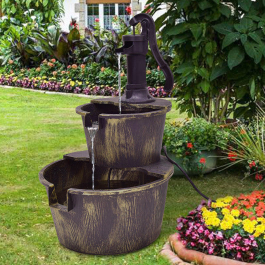 2 Tiers Outdoor Barrel Waterfall Fountain with Pump - Color: Bronze