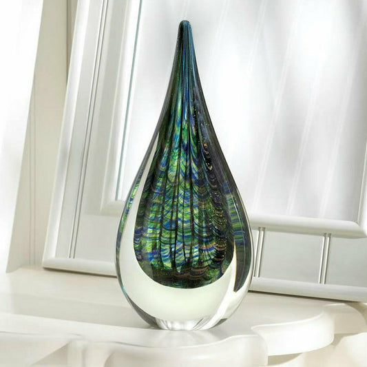 Peacock Art Glass Teardrop Sculpture