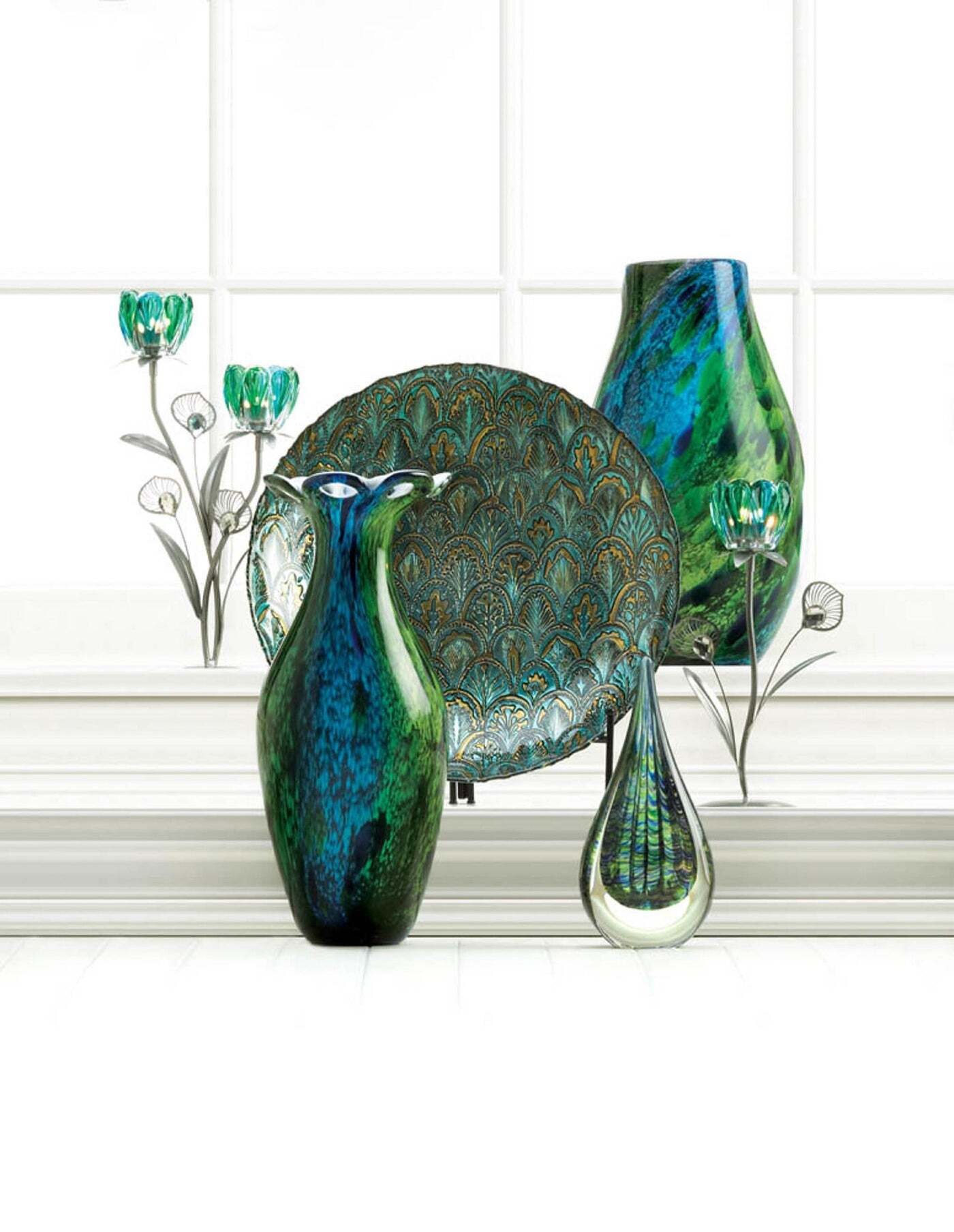 Peacock Art Glass Teardrop Sculpture