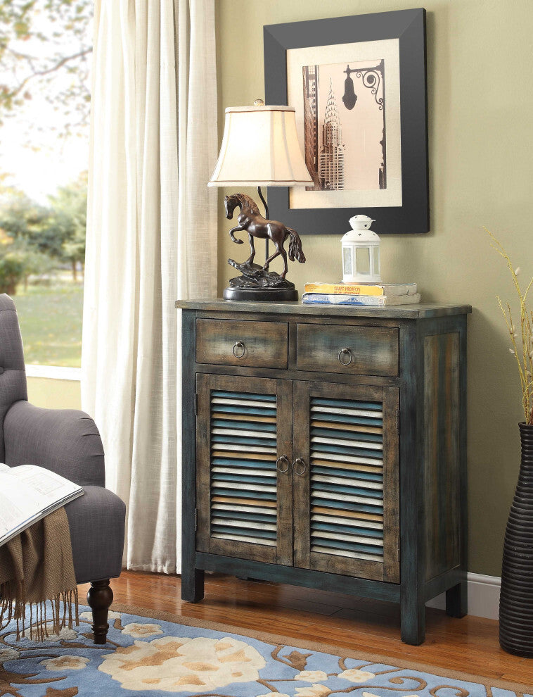 32" X 15" X 35" Antique Oak And Teal Wooden Console Table