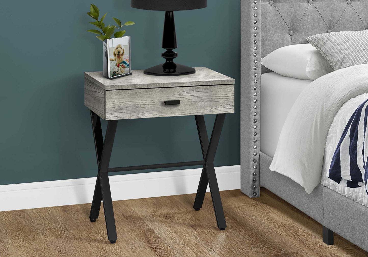 12" x 18.25" x 22.25" Grey Finish and Black Metal Accent Table