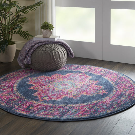 4' Round Blue and Pink Medallion Area Rug