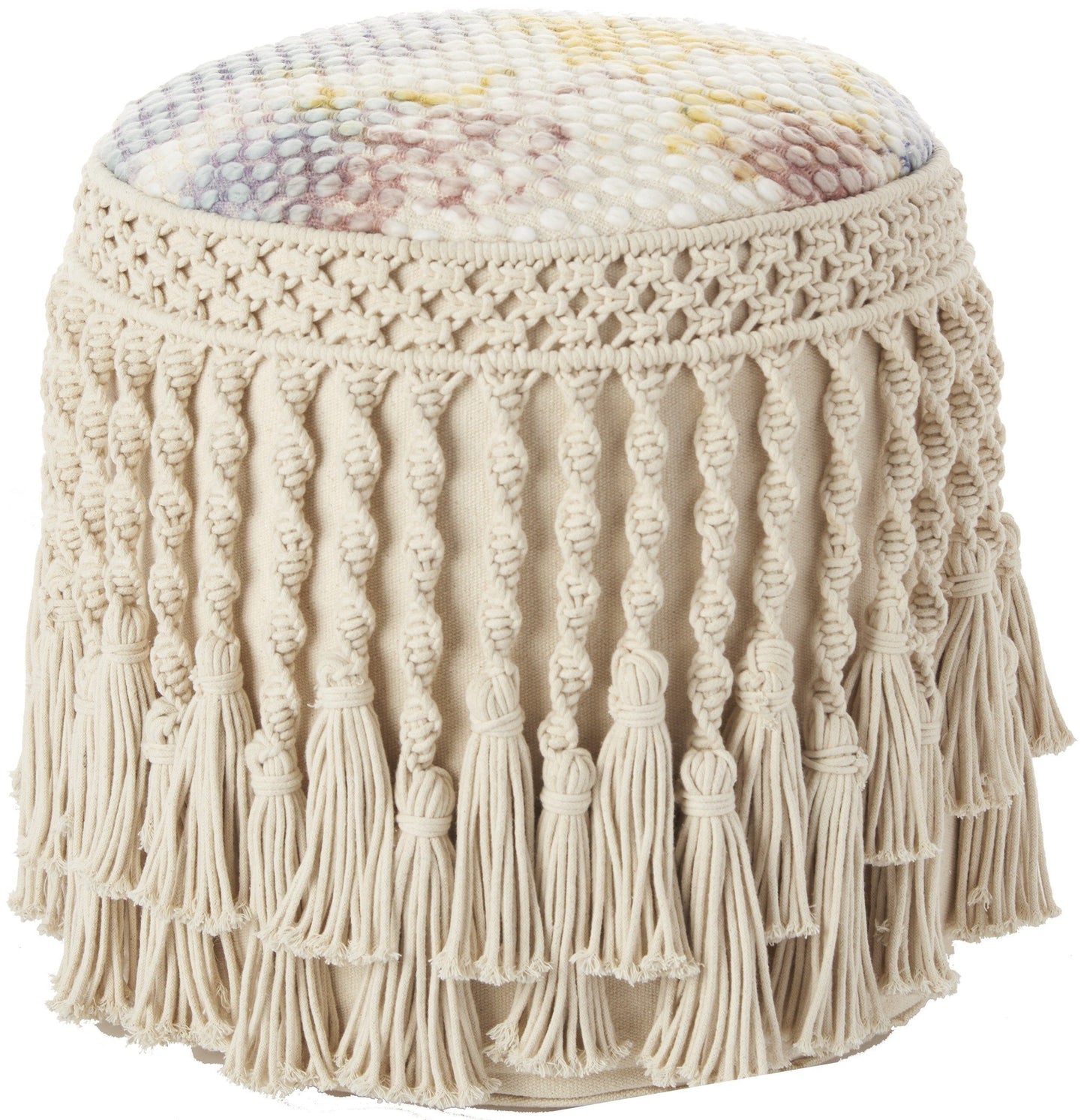 18" Boho Ivory Macrame Round Pouf Ottoman