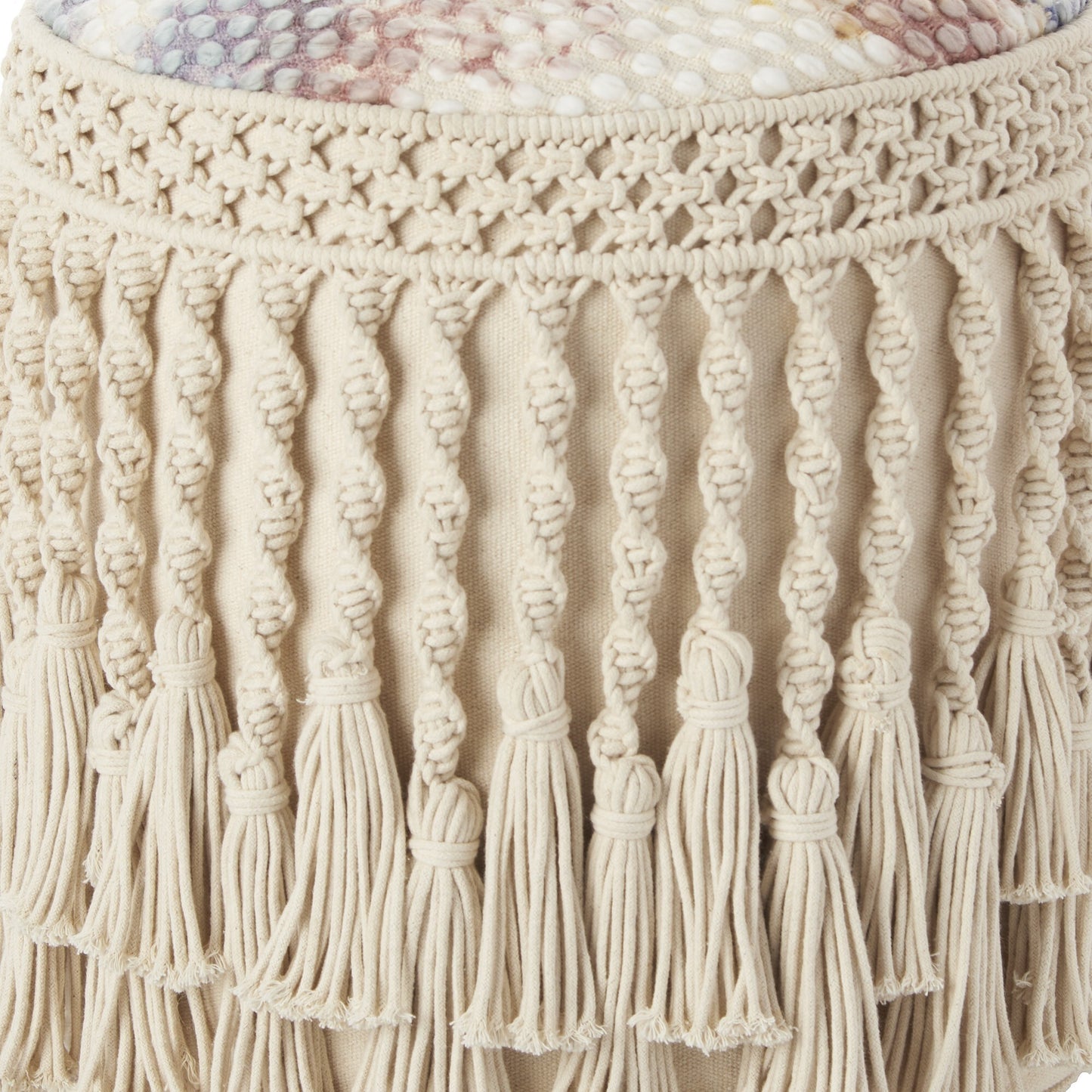 18" Boho Ivory Macrame Round Pouf Ottoman