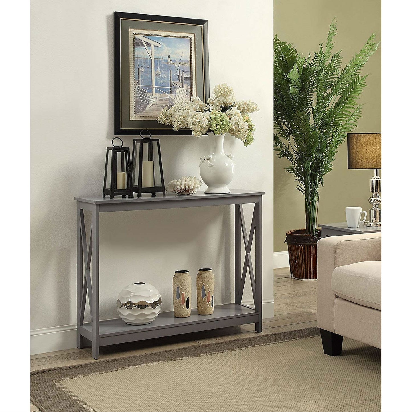 Grey Wood Console Sofa Table with Bottom Storage Shelf