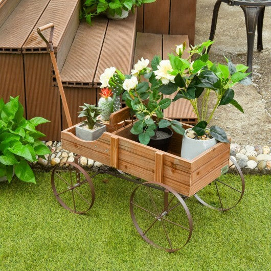 Wooden Wagon Plant Bed With Wheel for Garden Yard-Brown - Color: Brown