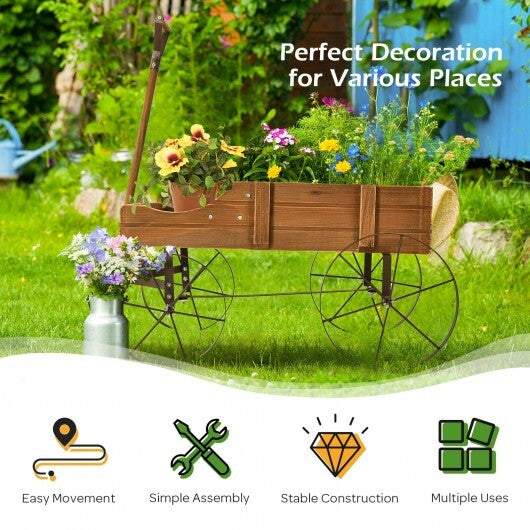 Wooden Wagon Plant Bed With Wheel for Garden Yard-Brown - Color: Brown