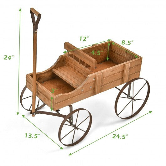 Wooden Wagon Plant Bed With Wheel for Garden Yard-Brown - Color: Brown