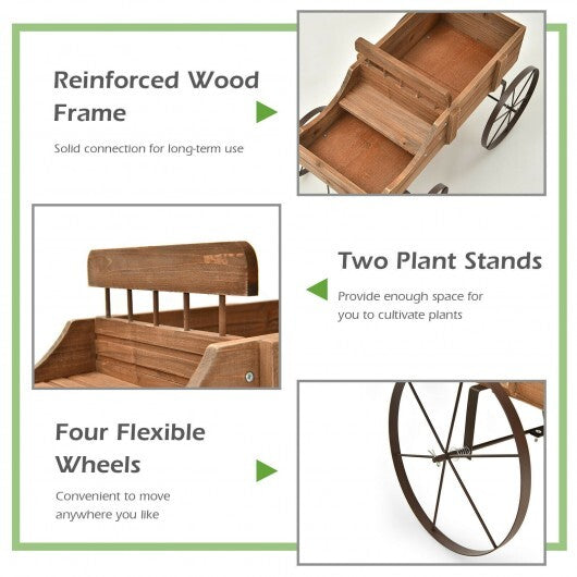 Wooden Wagon Plant Bed With Wheel for Garden Yard-Brown - Color: Brown