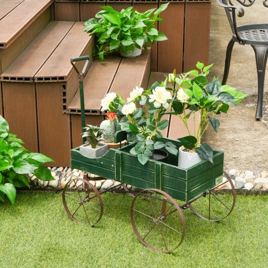 Wooden Wagon Plant Bed With Wheel for Garden Yard-Green - Color: Green