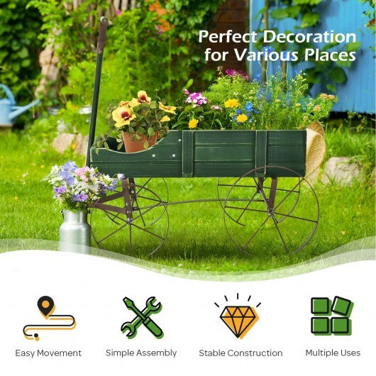 Wooden Wagon Plant Bed With Wheel for Garden Yard-Green - Color: Green