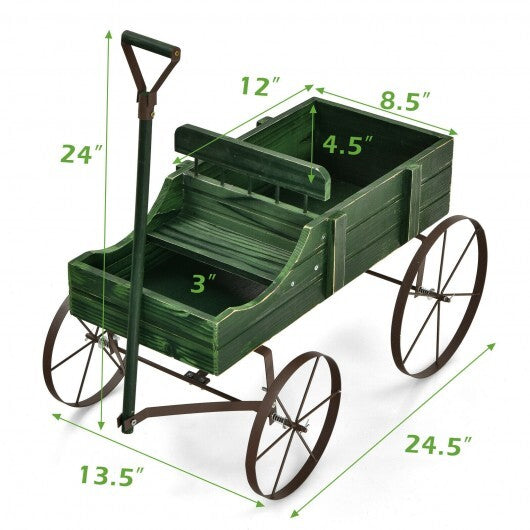 Wooden Wagon Plant Bed With Wheel for Garden Yard-Green - Color: Green