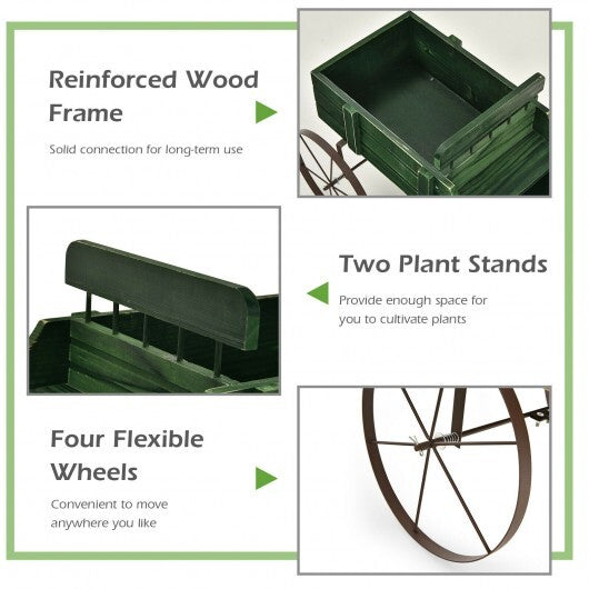 Wooden Wagon Plant Bed With Wheel for Garden Yard-Green - Color: Green