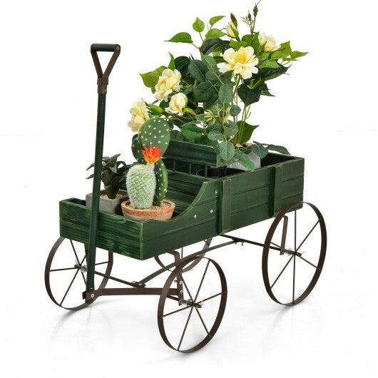 Wooden Wagon Plant Bed With Wheel for Garden Yard-Green - Color: Green