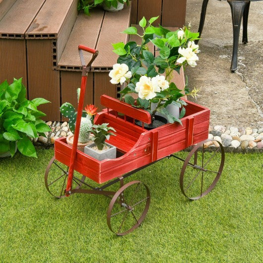 Wooden Wagon Plant Bed With Wheel for Garden Yard-Red - Color: Red