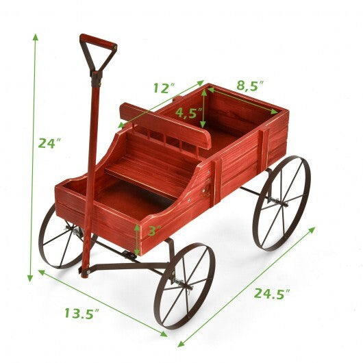 Wooden Wagon Plant Bed With Wheel for Garden Yard-Red - Color: Red