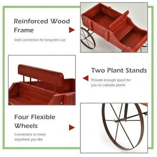 Wooden Wagon Plant Bed With Wheel for Garden Yard-Red - Color: Red