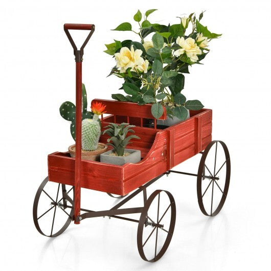 Wooden Wagon Plant Bed With Wheel for Garden Yard-Red - Color: Red