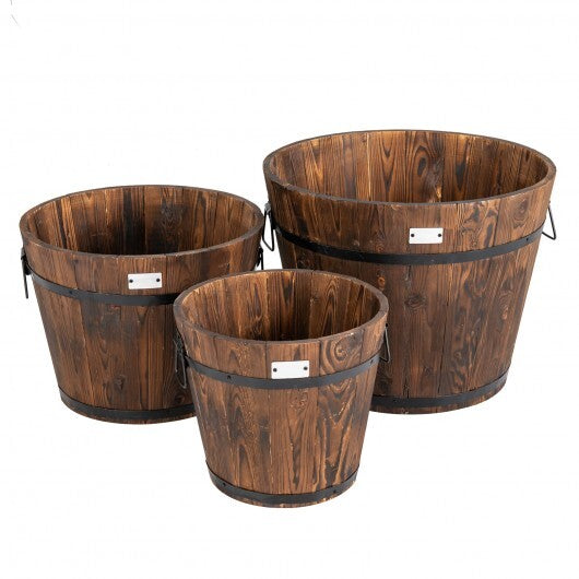 3 Pieces Wooden Planter Barrel Set with Multiple Size - Color: Rustic Brown