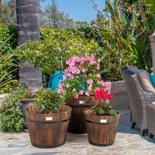 3 Pieces Wooden Planter Barrel Set with Multiple Size - Color: Rustic Brown