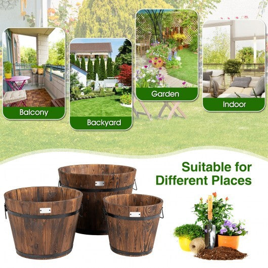 3 Pieces Wooden Planter Barrel Set with Multiple Size - Color: Rustic Brown